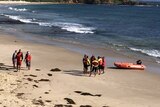 Rescue crews stand on beach with boats