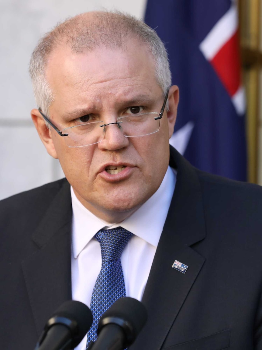 Scott Morrison responds to questions in the Prime Minister's courtyard with an Australian flag behind him