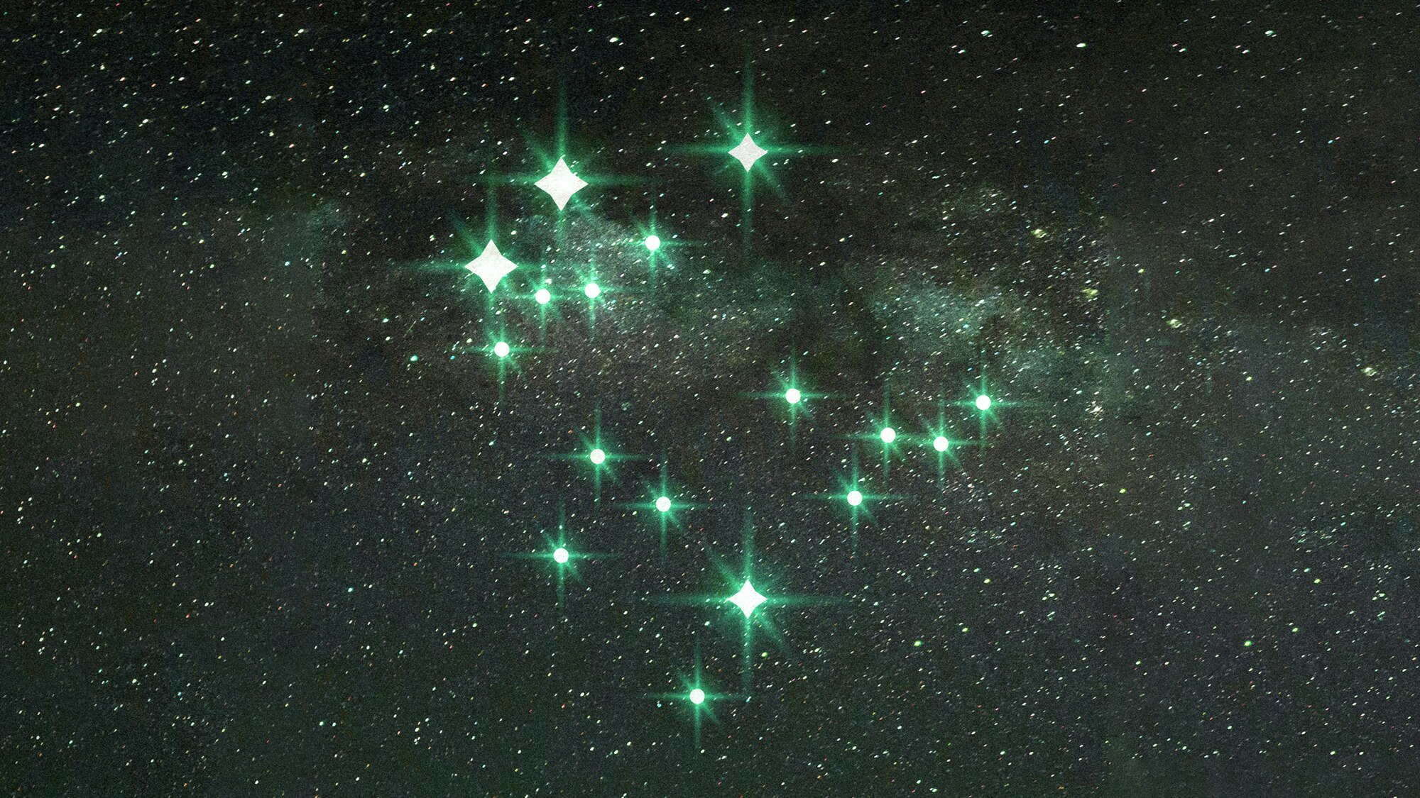 Bright Green stars against a dark galactic backdrop 