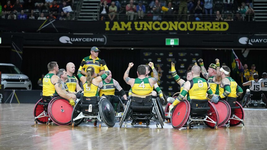 Australian wheelchair rugby team celebrates a win
