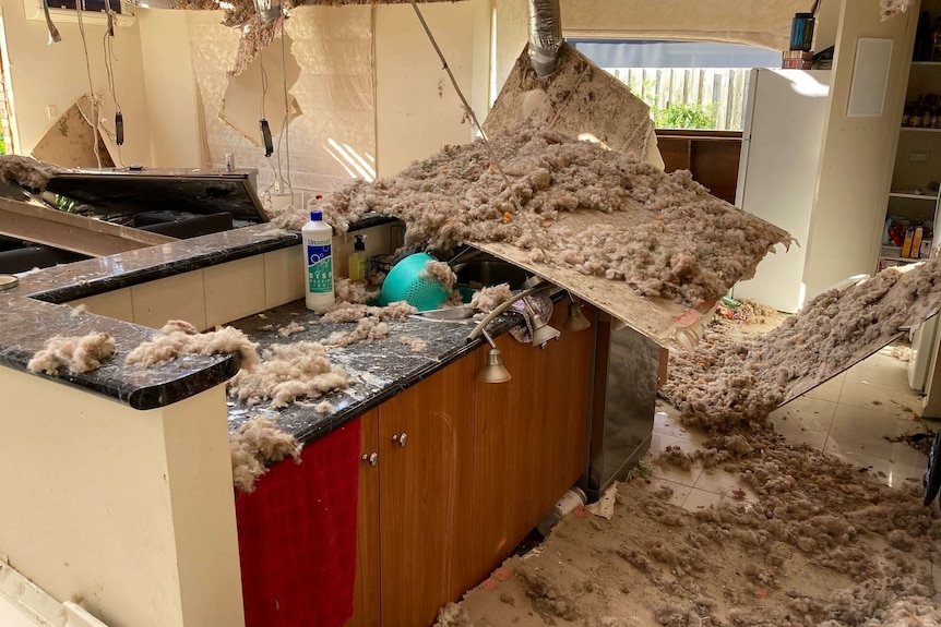 A roof inside a home has collapsed with insulation strewn across the kitchen bench.