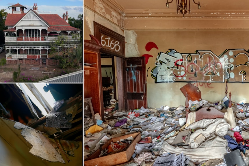 Una composición de tres imágenes que muestran una casa de la federación desmoronándose y llena de basura.