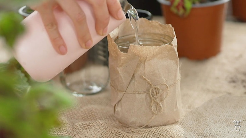 Water being poured into a jar wrapped in brown paper with string tied around it.