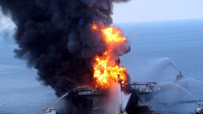 Rescue crews try to extinguish a blaze on the Deepwater Horizon oil rig