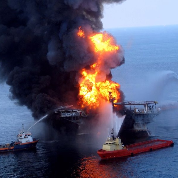 Rescue crews try to extinguish a blaze on the Deepwater Horizon oil rig
