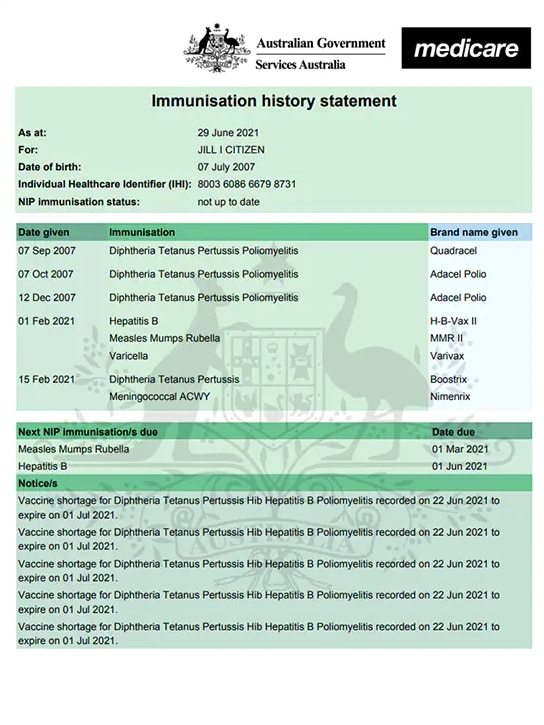 A Immunisation History Statement mockup. 
