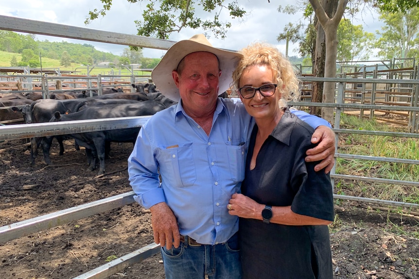A man in a hat and blue shirts stands with his arm around a woman in a black dress in front of black cattle at a saleyard.