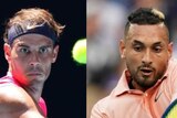 A composite photo of Nick Kyrgios and Rafael Nadal looking at a tennis ball as they play a shot