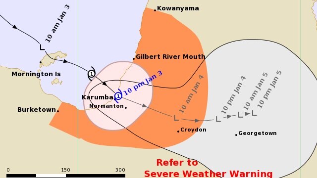 A forecast map by BOM showing Tropical Cyclone Imogen crossing the coast near Karumba.