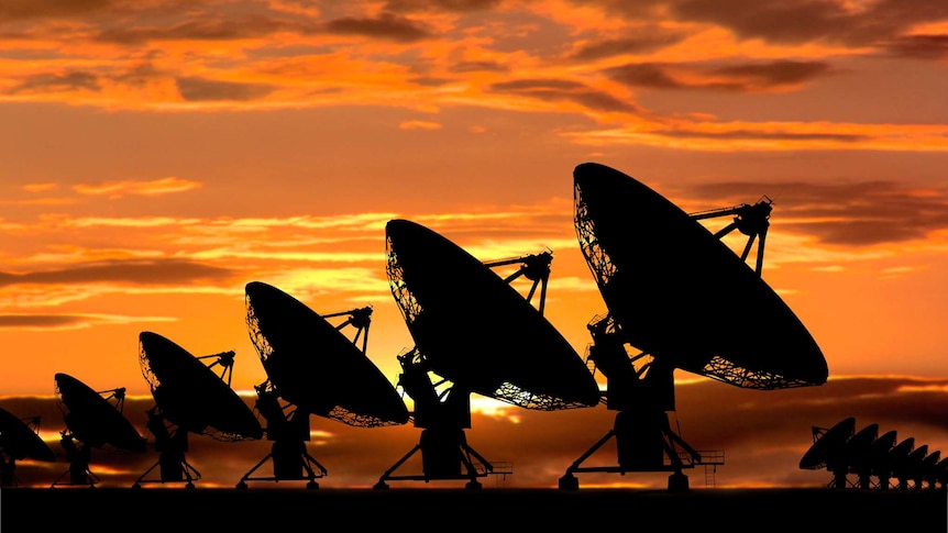 Radio telescopes sillhouted against an orange sky