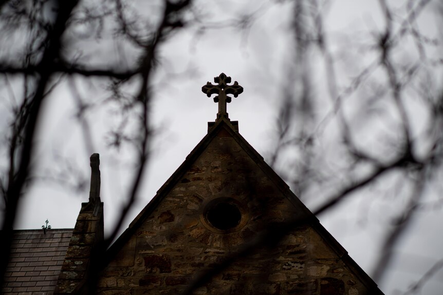A church building with a cross shrouded under branches
