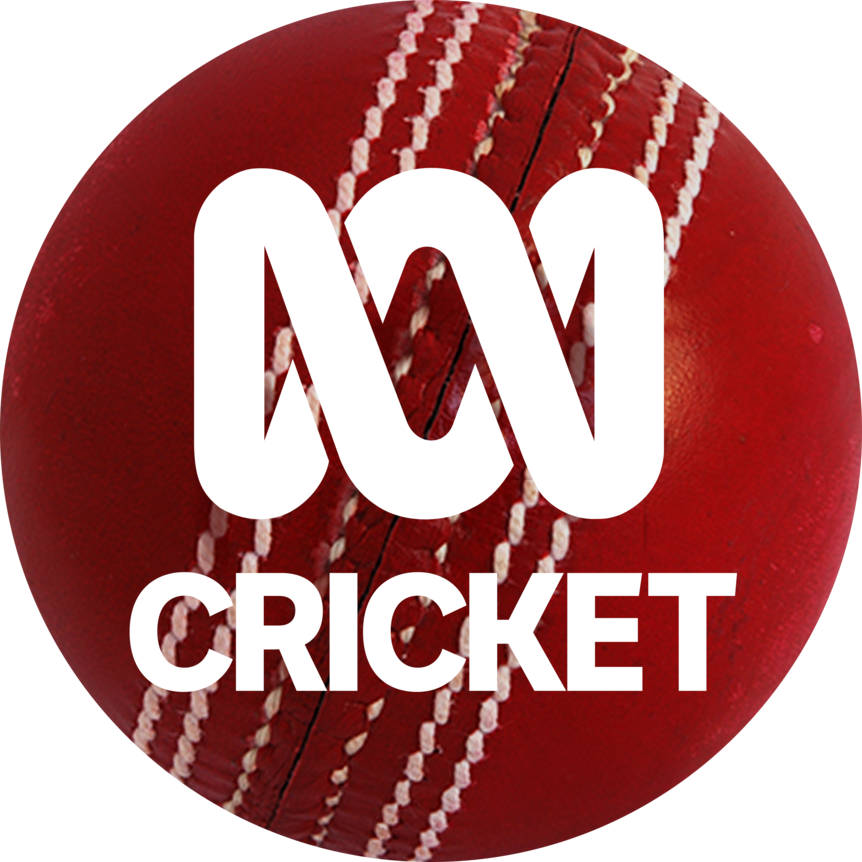 A red cricket ball with the ABC logo and the word 'cricket'.