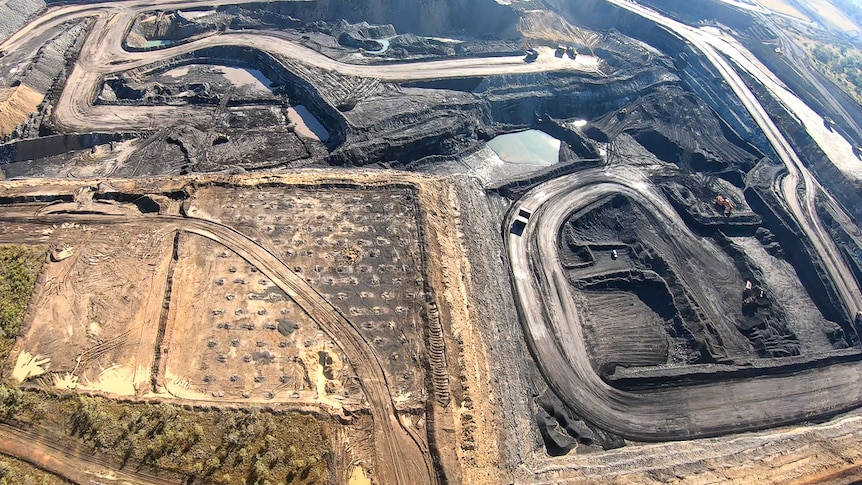 An aerial photo of the West Pit at the New Acland Coal Mine taken on 16 June 2020.