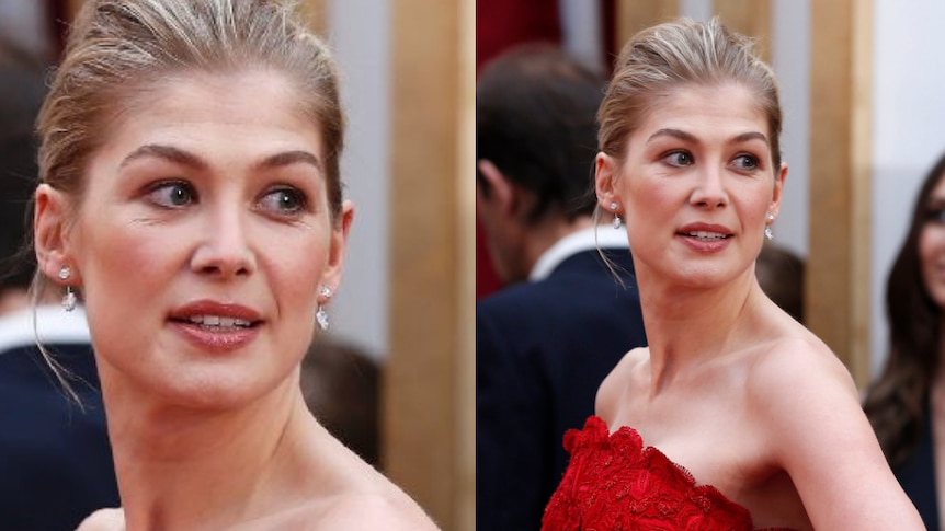 A close up of Rosamund Pike on the red carpet.