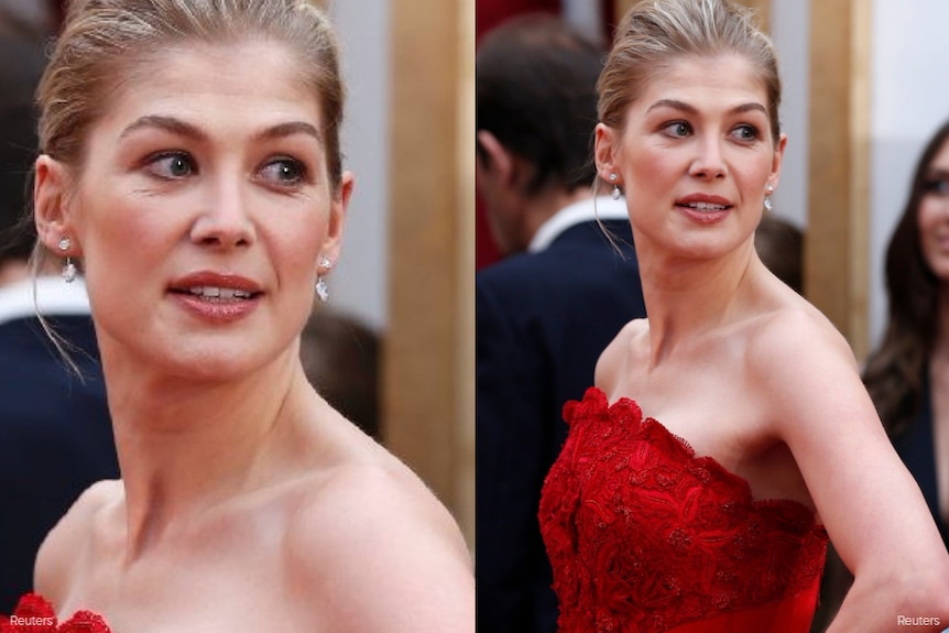 A close up of Rosamund Pike on the red carpet.