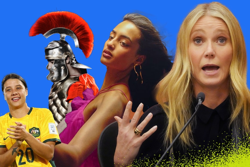 A compilation image of Sam Kerr, a Roman soldier, tube girl filming herself, and Gwyneth Paltrow at her ski trial.