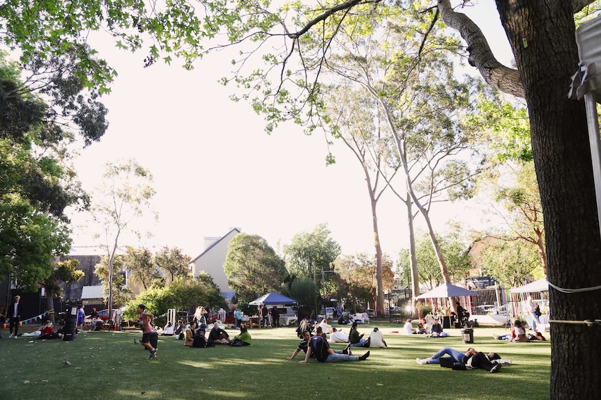 People lie in small groups on a grassy school playground under the trees