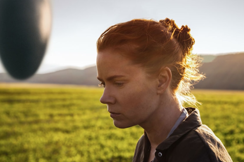 A close shot of a woman in a field. A UFO is nearby.