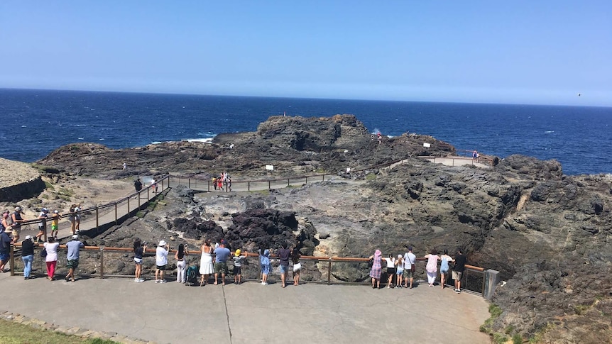 Tourists stand at a safety rail next to a coastal rock platform