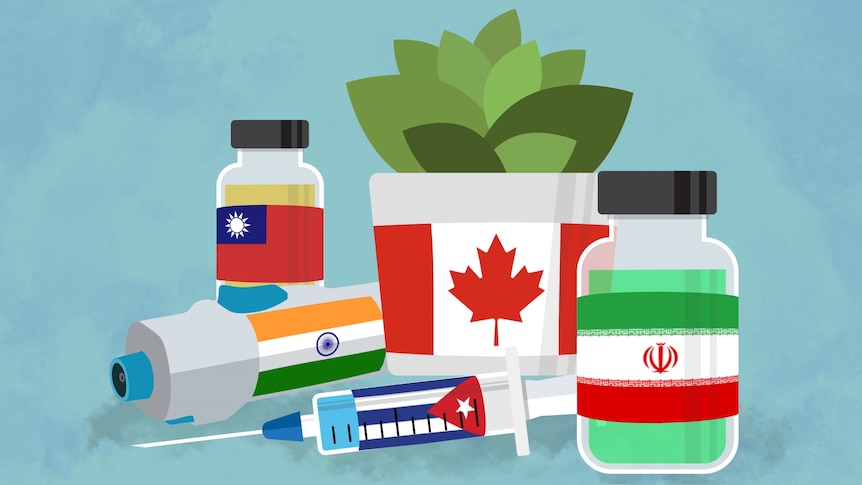 A collection of vaccines with the flags of different countries, including India, Taiwan, Iran, Cuba and Canada.
