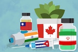 A collection of vaccines with the flags of different countries, including India, Taiwan, Iran, Cuba and Canada.