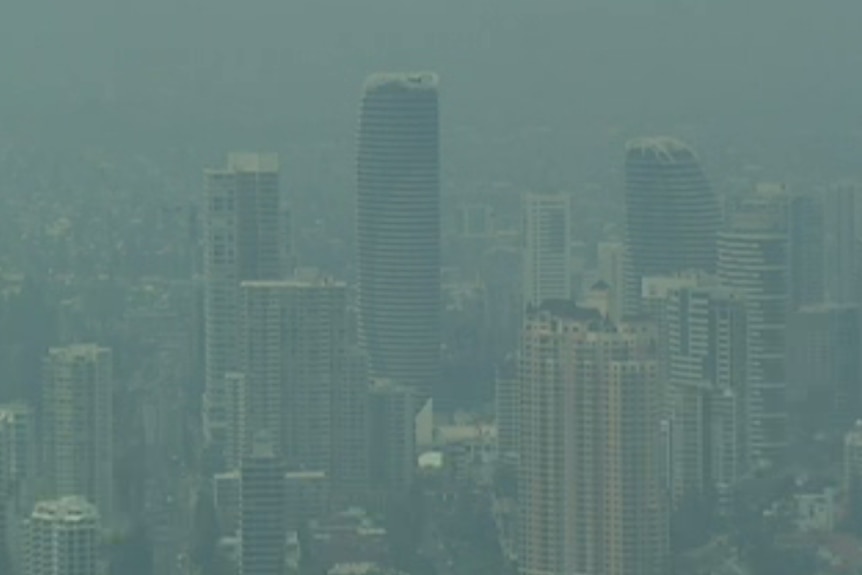 A view from the Q1 shows surfers paradise residences blanketed in a thick smog.