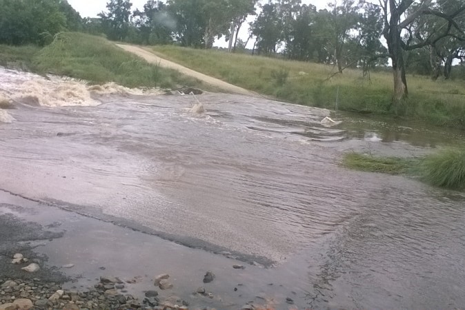 The water is covering this road on the Macintyre River and the green pasture is in the background.