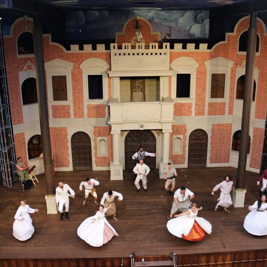 Performers rehears on the stage of the replica Globe Theatre in Melbourne.