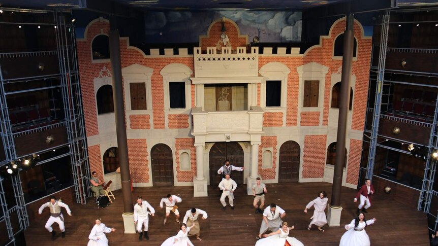 Performers rehears on the stage of the replica Globe Theatre in Melbourne.