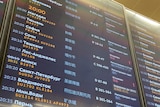 A flight departures board shows flights out of Moscow in February 2022. 