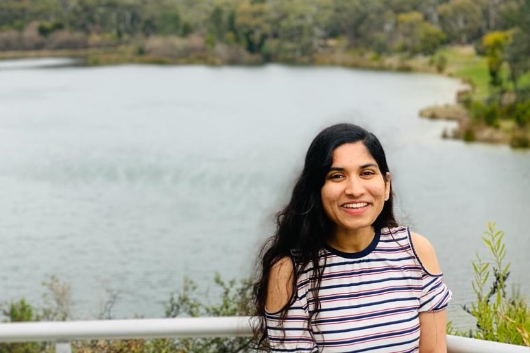 Ballarat international student Rushmitha Konreddy in front of a river.