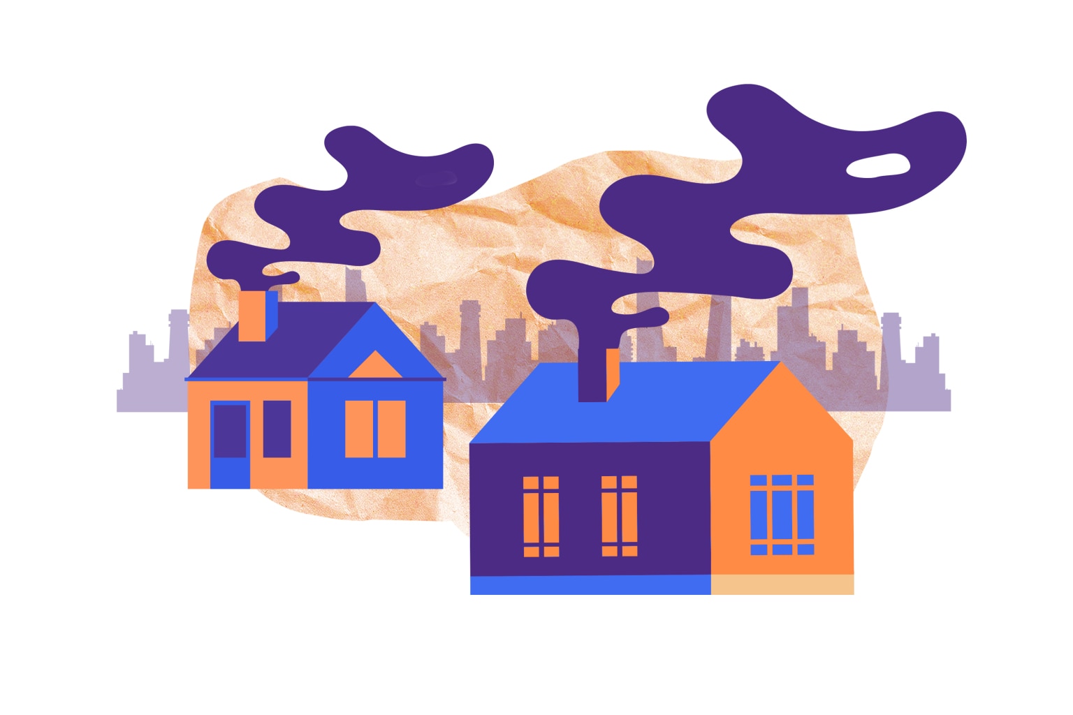 Two houses with smoking chimneys and city in background.