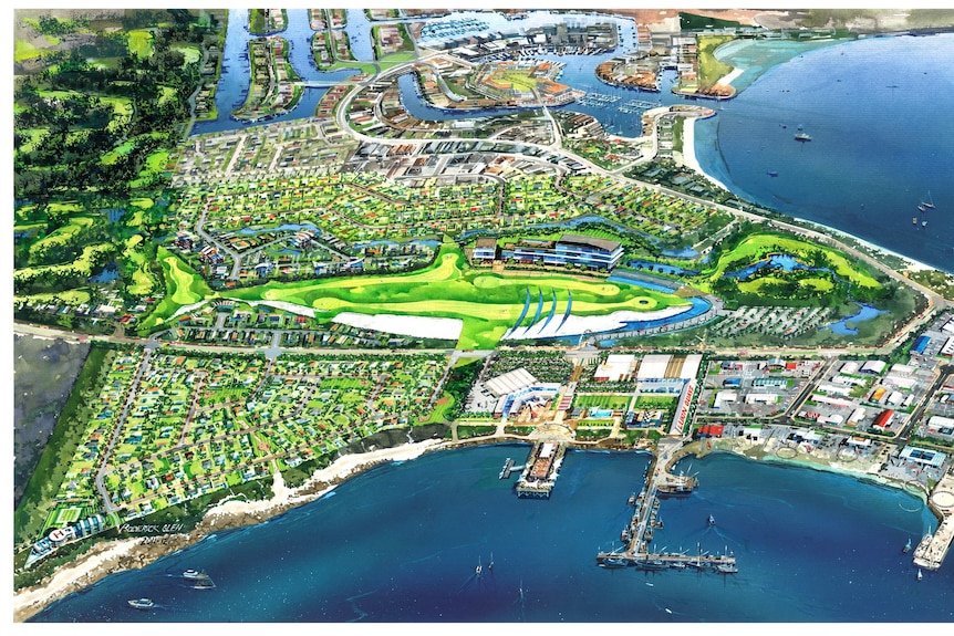 Artist's plan of husing development with ater inlets and green feature piece which is a golf course shape like a great shark