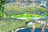 Artist's plan of husing development with ater inlets and green feature piece which is a golf course shape like a great shark