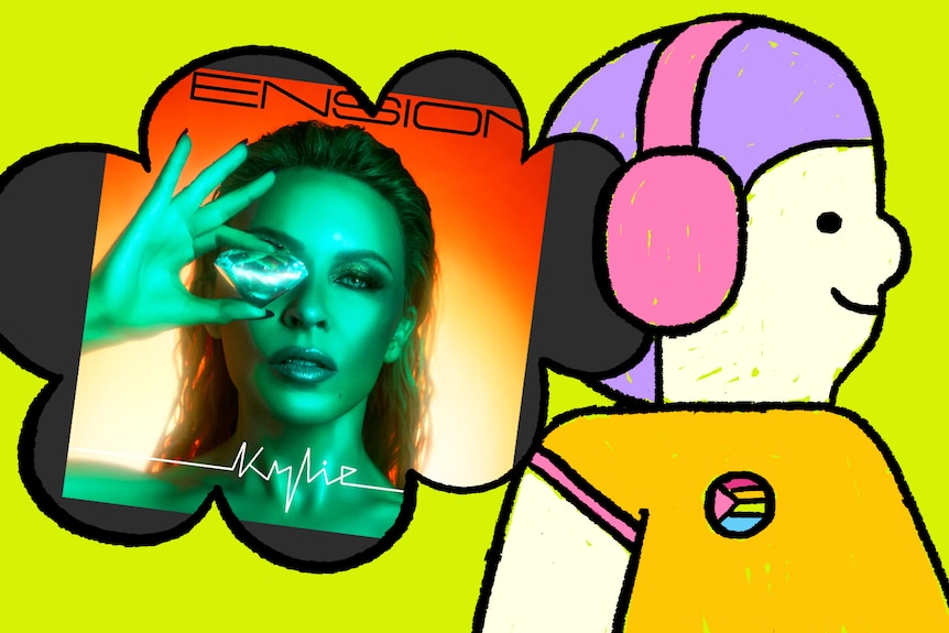 Illustration of a smiling person with headphones on has a thought bubble showing a Kylie Minogue album cover.