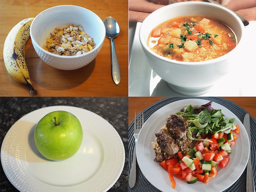 A banana, bowl of cereal, vegetable and lentil soup, an apple and beef kofta with salad.