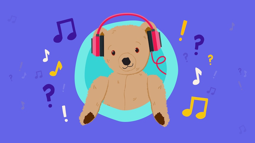 Animated drawing of Little Ted, a brown teddy bear, in pink headphones on a purple background.