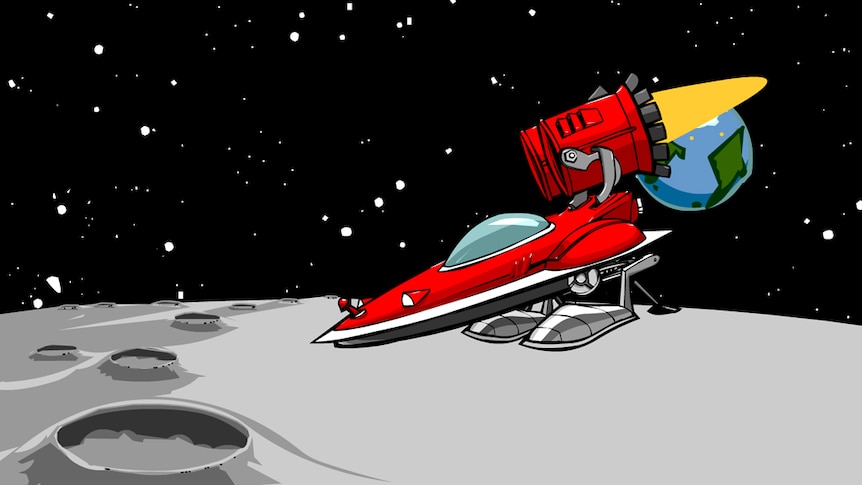 Cartoon spaceship on the Moon