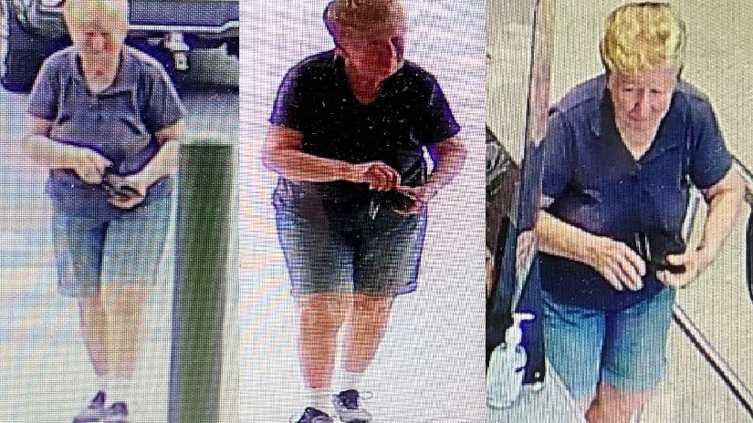three cctv images of an older woman in a blue polo and denim shorts