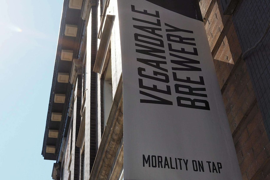 A Vegandale Brewery banner with its motto that reads 'morailty on tap'