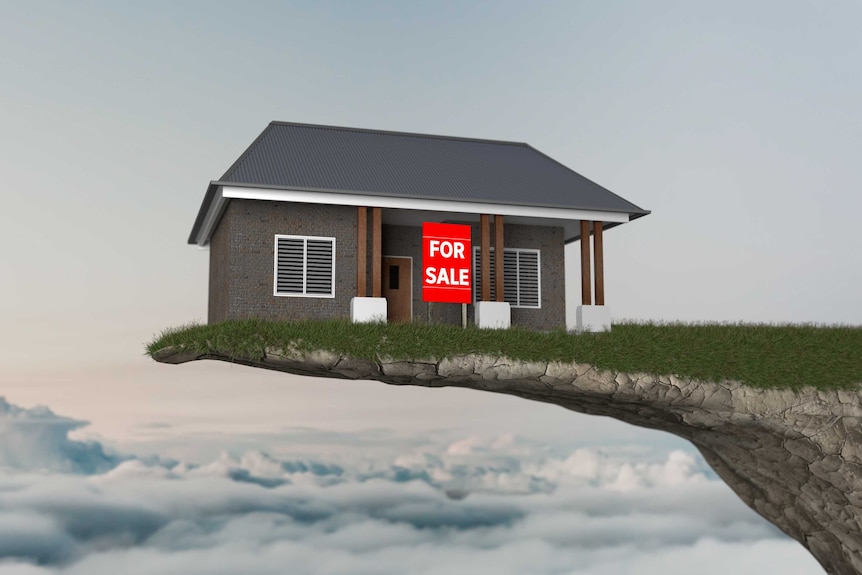 Graphic of a house on a cliff edge with a for sale sign out front.