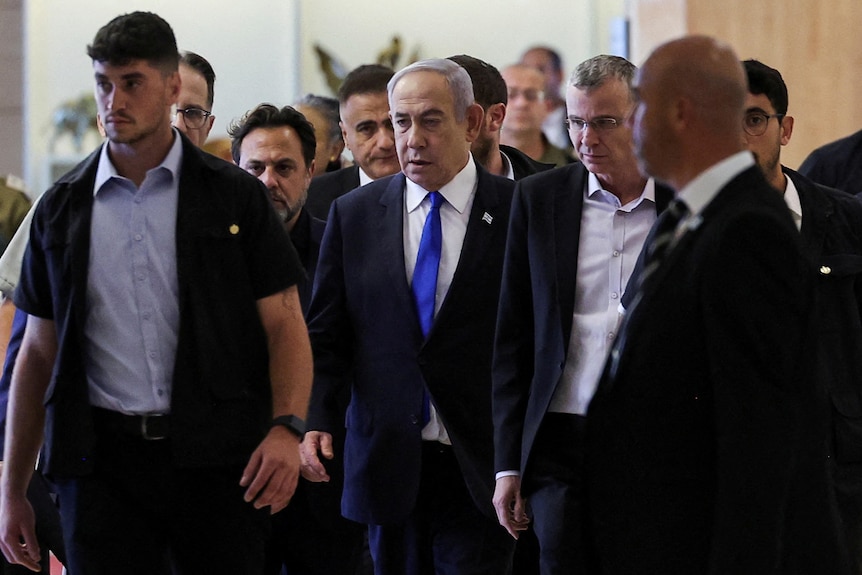 Benjamin Netanyahu arrives at the Knesset building.