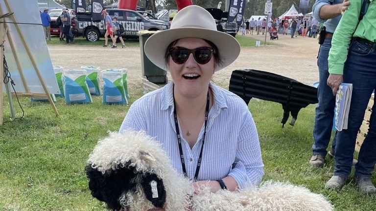 Woman in a hat with a Valais Blacknose sheep