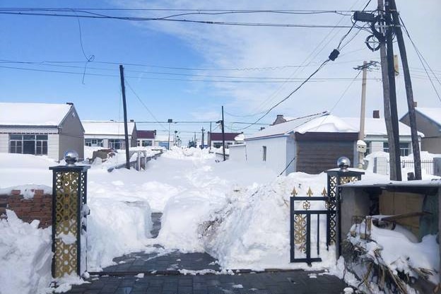 View of snow piled up high on a long residential street with a narrow path carved out.