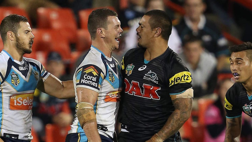 Heated moment ... Greg Bird (L) and Sika Manu exchange words