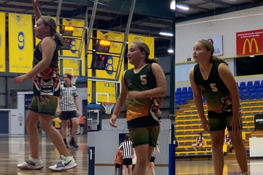 Three photos of a girl in basketball uniform on basketball court 