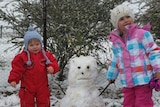 Two small children in the snow, with a snowman