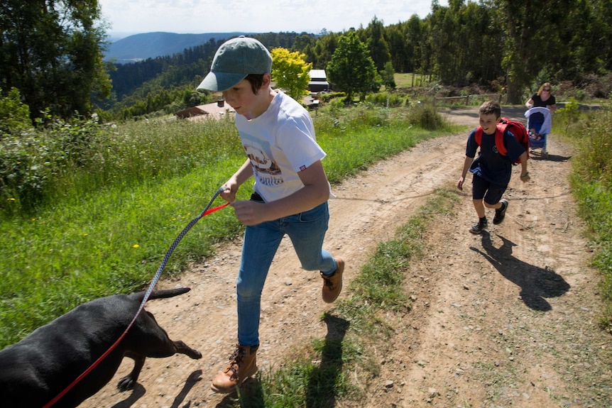 Two boys run up a dirt track with a dog on a lead, their mum pushing a pram in the rear and a mountain range visible beyond.