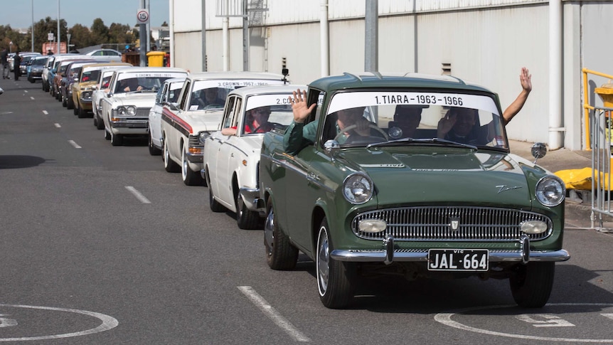 A parade of Australian made Toyota cars on the final day of production at the Altona factory.