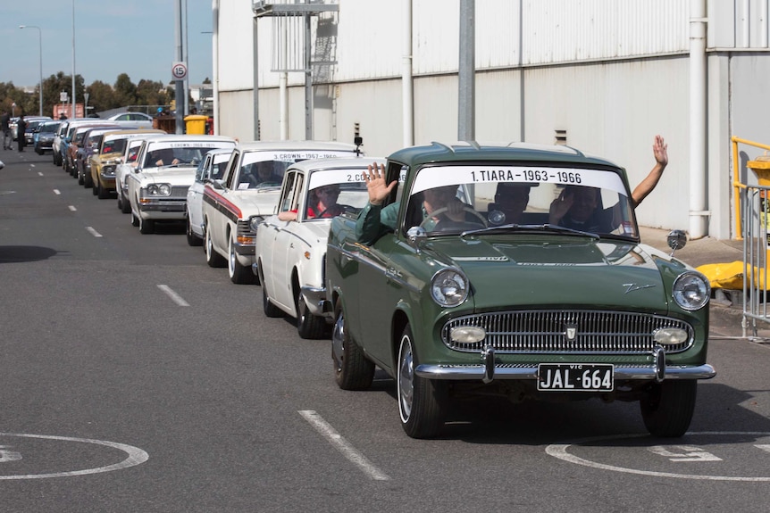 A parade of Australian made Toyota cars on the final day of production at the Altona factory.